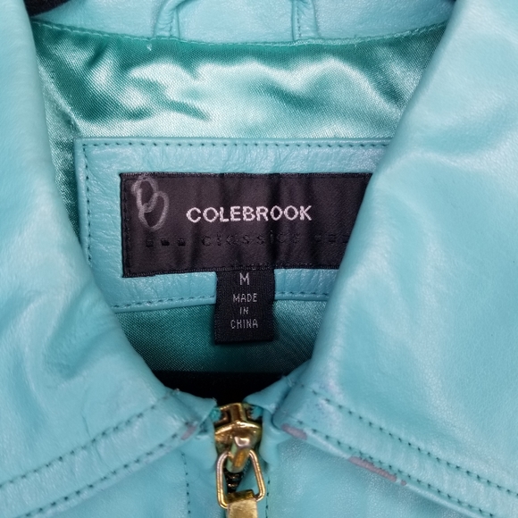 •SOLD• 90s Y2K turquoise leather jacket zip front fitted Colebrook M - Picture 4 of 6
